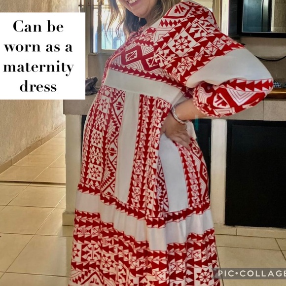 New Boho Ethic Geo Aztec Tribal Pattern Maxi Dress Loose Long Puff Sleeves Vneck - Picture 7 of 16